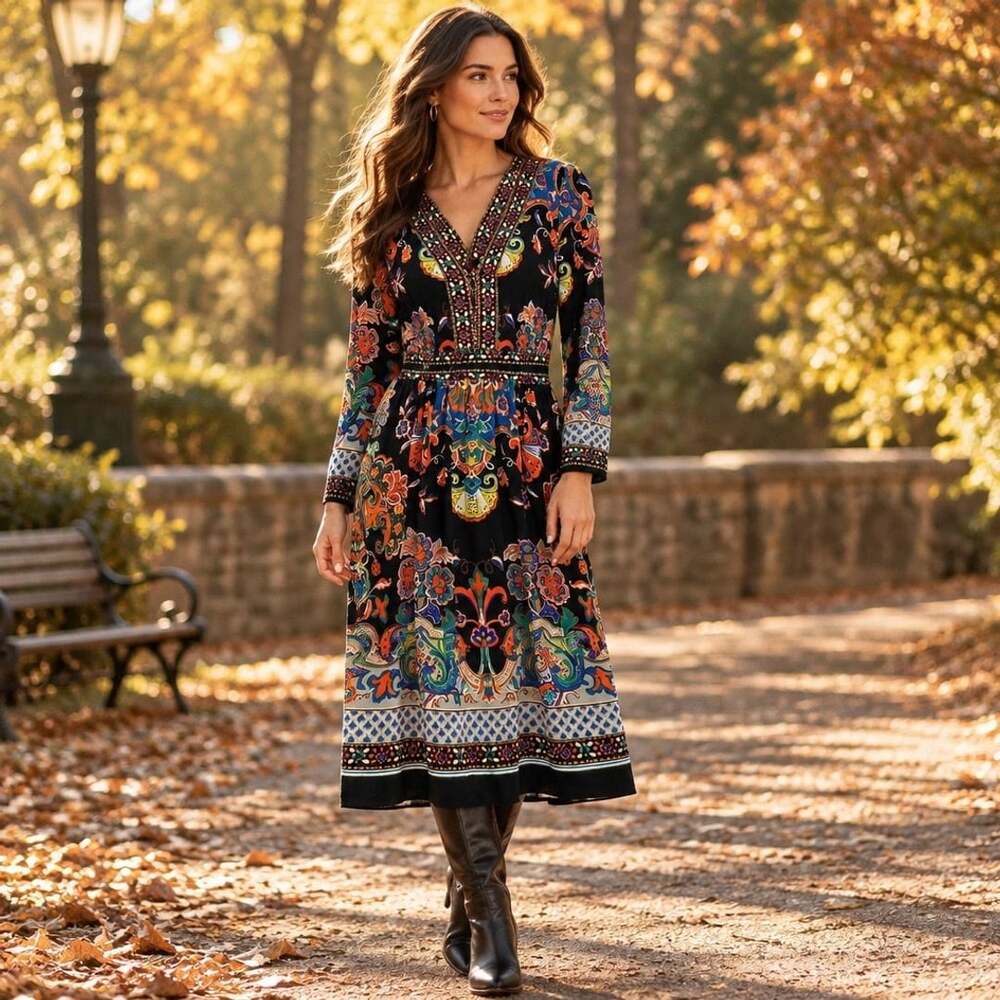 ECI New York Midi Dress Size M Black Floral Long Sleeve V-Neck Belted